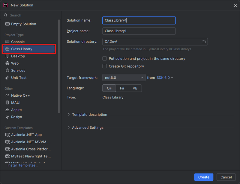 Click "Class Library" in the left pane.