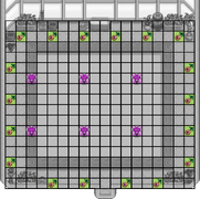 6 Iridium Sprinklers and 18 Fruit Trees placed to maximize planting space and trees.
