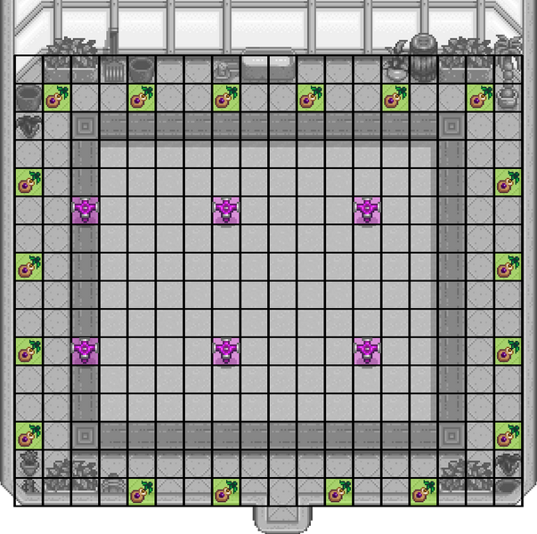6 Iridium Sprinklers and 18 Fruit Trees placed to maximize planting space and trees.