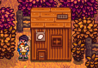 Shane stands by his chicken hutch holding his chicken Charlie.
